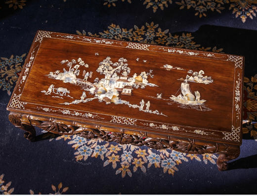 独角鹿西洋古董1900年代亚洲出品花果竹节造型硬木精雕装饰传统田园人物主题螺钿镶嵌桌几 商品图2