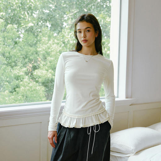 森马长袖T恤女纯色木耳边气质紧身冬2025新款荷叶边上衣简约甜美 商品图2