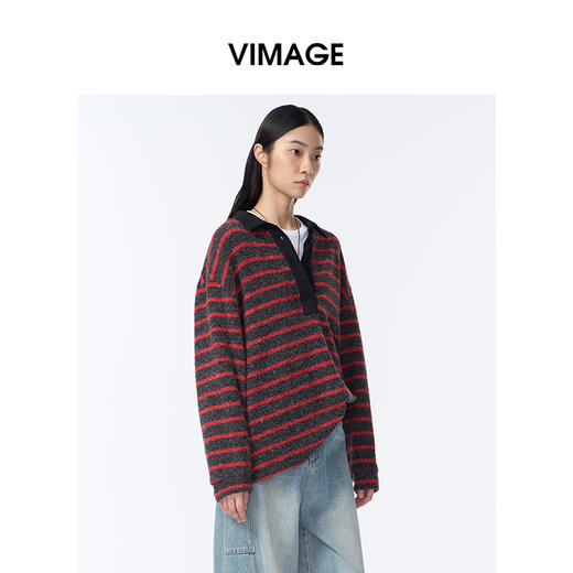 VIMAGE纬漫纪宽松撞色条纹上衣女美式复古polo领T恤2025秋季新款小上衣V2413104 商品图2