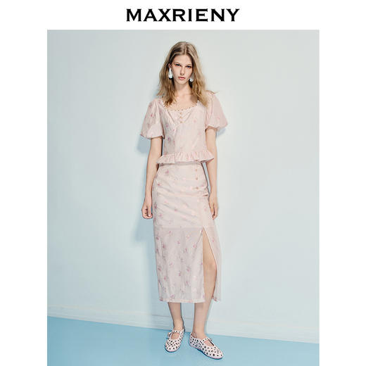 MAXRIENY浪漫新中式上衣优雅短袖上衣提花泡泡袖甜美25夏季新款(货号:MF86TP017) 商品图1