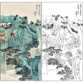 谢稚柳山水工笔画白描底稿《碧峰飞泉》临摹勾线高清打印稿XZ42