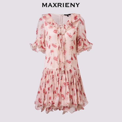 MAXRIENY【商场同款】2025秋季新品优雅度假风波浪边绑带A字雪纺裙(货号:MF86DR261) 商品图4