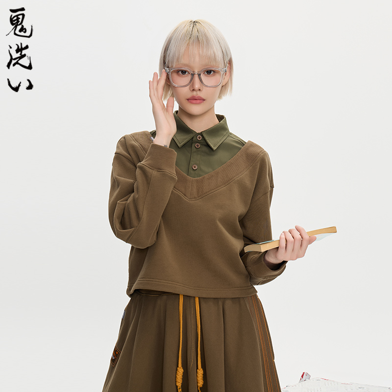 ONIARAI/鬼洗25秋冬黑标石器时代假双层宽松半截衬衫卫衣 A240017