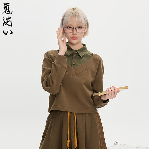 ONIARAI/鬼洗25秋冬黑标石器时代假双层宽松半截衬衫卫衣 A240017 商品图0