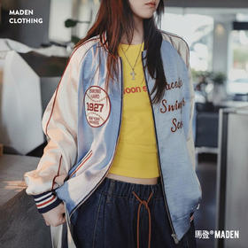 马登美式复古宽松横须贺重工刺绣棒球服领夹克缎面开衫外套女士秋
