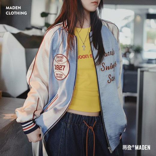 马登美式复古宽松横须贺重工刺绣棒球服领夹克缎面开衫外套女士秋 商品图0