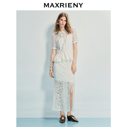 MAXRIENY2025蕾丝半身裙显瘦开叉牛仔裙开叉半裙镂空度假风(货号:MF86SK264) 商品图1