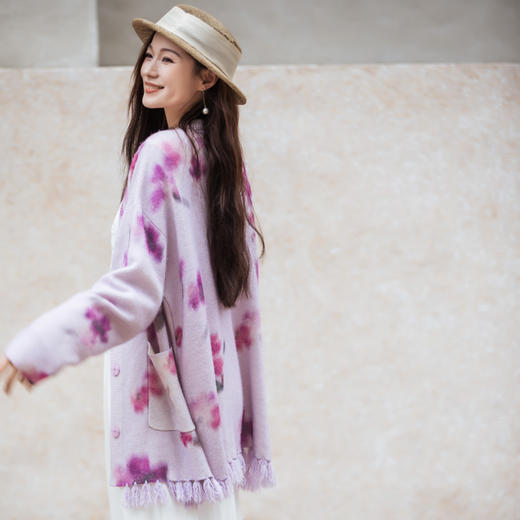 【林栖设计小店】木槿紫听风系列印花毛织外套羊驼毛流苏宽松显瘦2025秋冬新款开衫毛衣女1954078 商品图2