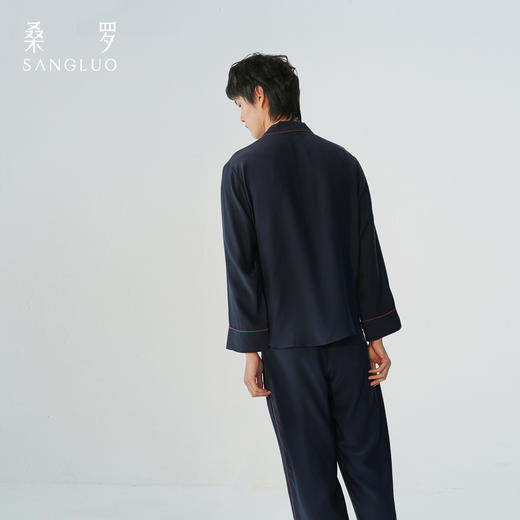 沉稳男士』桑罗藏青色真丝睡衣100%桑蚕丝撞色男士家居服可外穿 商品图3