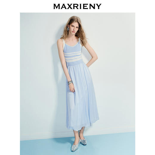 MAXRIENY海岛度假风25夏款条纹吊带连衣裙收腰提花伞摆针织长裙(货号:MF86DR016) 商品图1