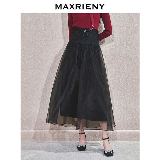 MAXRIENY时尚百搭高腰拼接纱裙中长款显瘦气质半身裙(货号:MS85SK767) 商品图3