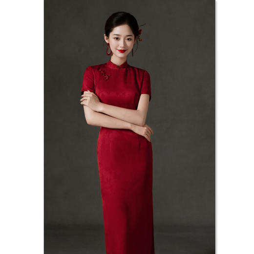 红色提花缎长款，复古国风喜妈妈旗袍裙GX-209613 商品图2