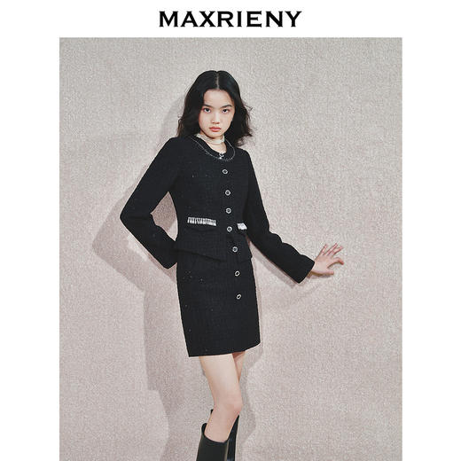 MAXRIENY秋冬小香风黑色高腰半身裙时尚显瘦秋季粗花呢短裙(货号:MS85SK760) 商品图2