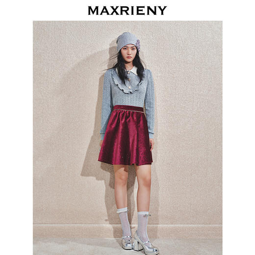 MAXRIENY2025秋冬新款精致优雅修身高腰安哥拉红A字丝绒半身短裙(货号:MS85SK768) 商品图1