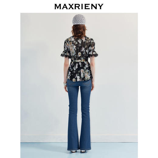 MAXRIENY精致日常风烫钻修身微喇牛仔蓝休闲长裤(货号:MF86TR254) 商品图2