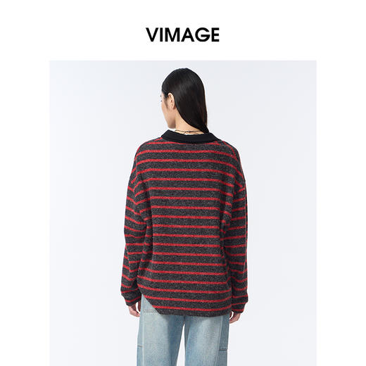 VIMAGE纬漫纪宽松撞色条纹上衣女美式复古polo领T恤2025秋季新款小上衣V2413104 商品图4