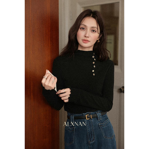 鹿向南「黑松绵绵」法式黑色T恤女2025早秋新款显瘦气质长袖上衣 商品图2