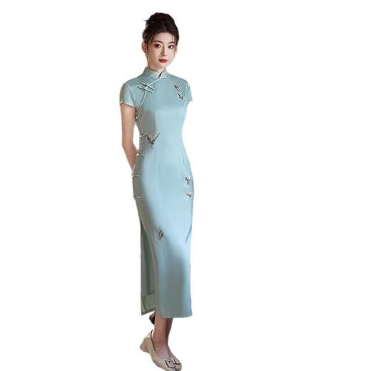 纯色长款绣花短袖旗袍新款复古国风年轻女士宴会修身旗袍 商品图4