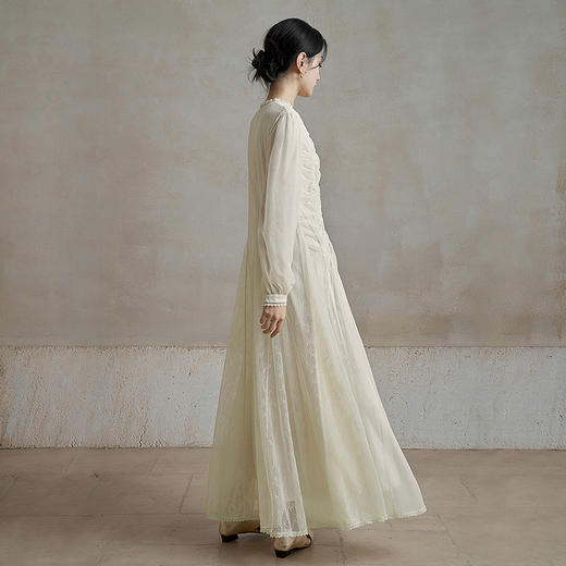 【林栖设计小店】纯白系列绵羊蕾丝连衣裙拼桑蚕丝优雅花边肌理感2025秋冬新款长裙女1954036 商品图4