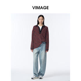 VIMAGE纬漫纪宽松撞色条纹上衣女美式复古polo领T恤2025秋季新款小上衣V2413104