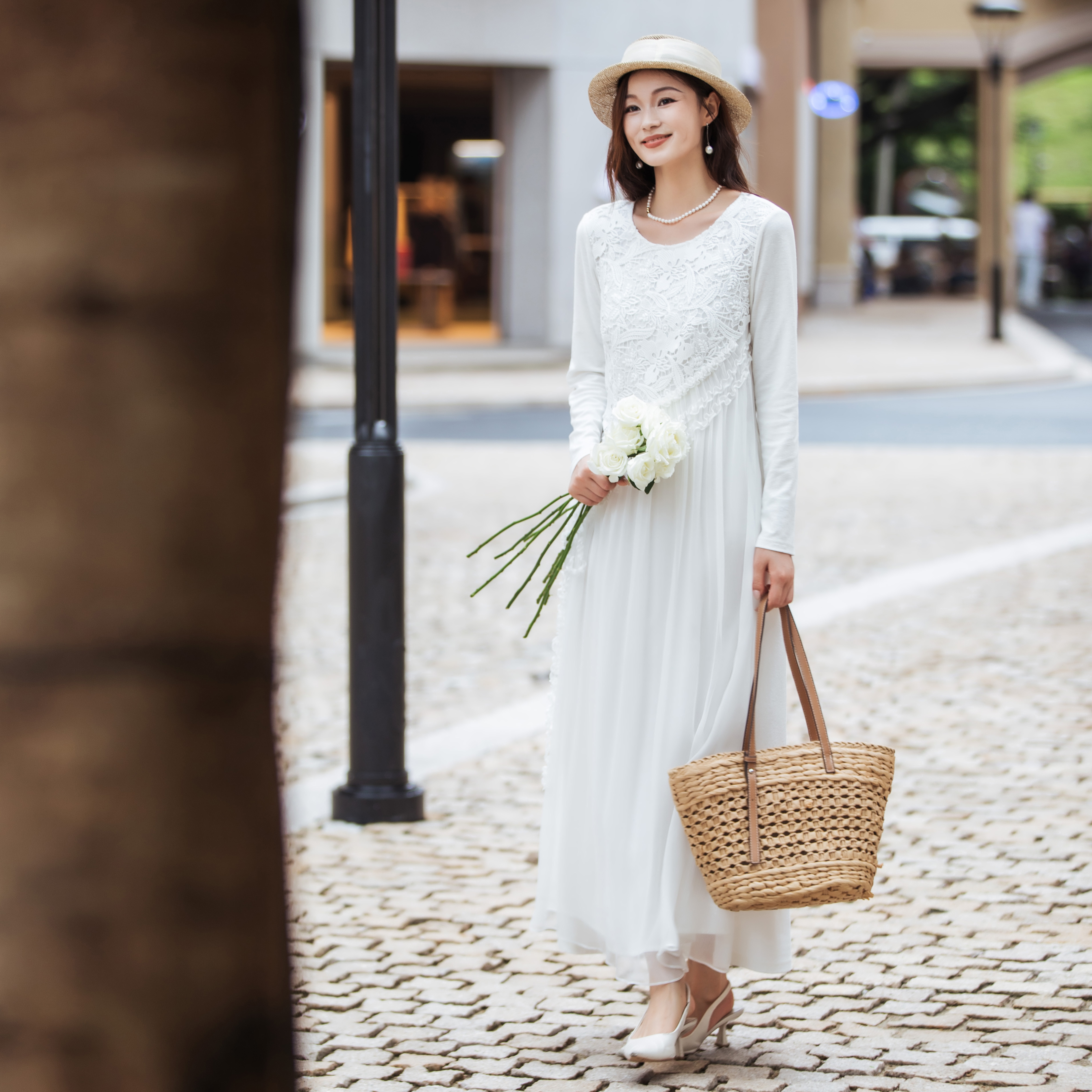 【林栖设计小店】【现货】真丝立体绣花连衣裙收腰紫色优雅长袖2025秋冬新款长裙女T1954114