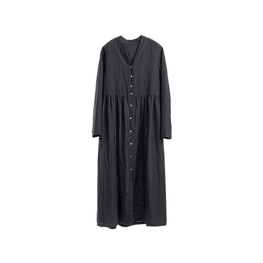 绽放旅行女装463朵/亚麻宽松V领气质文艺开襟长袖连衣裙女秋新款 商品图3