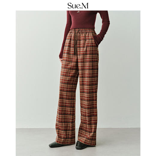Sue.M 经典时髦磨毛格子裤25秋 双色纱线抽绳松紧腰宽松阔腿裤女 商品图2