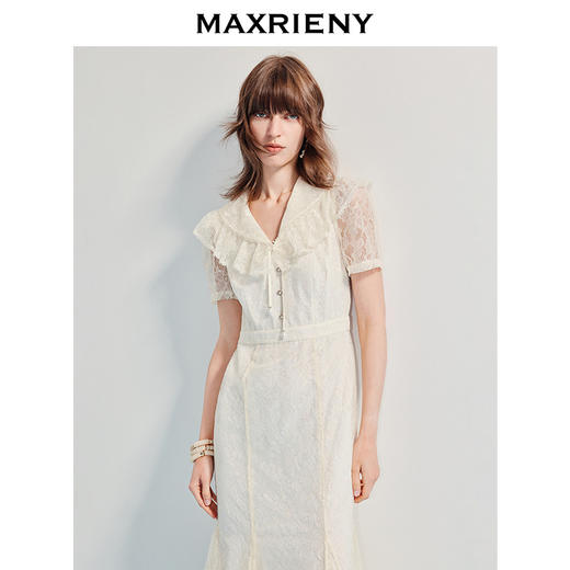 MAXRIENY宫廷复古风蕾丝鱼尾修身连衣裙领证裙端庄法式绣花长裙(货号:MF86DR009) 商品图4