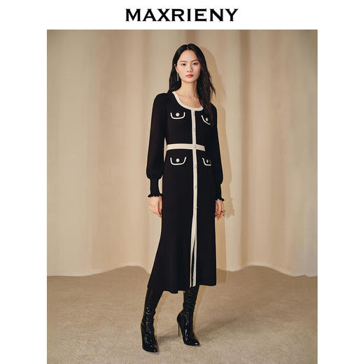 MAXRIENY【商场同款】赫本风连衣裙冬季新款名媛撞色针织裙子中长款(货号:MC88DR809) 商品图0