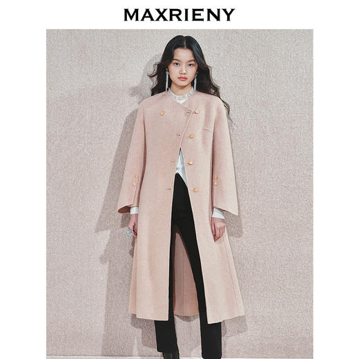 MAXRIENY精致肌理感绵羊毛大衣24冬新款收腰显瘦系带外套中长款(货号:MS85CT768) 商品图2