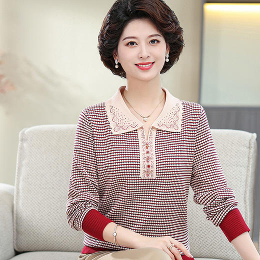 W106-9015-55-108中老年妈妈秋装条纹打底衫长袖上衣40-50岁中年女士针织翻领毛衣 商品图1