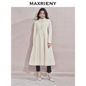 MAXRIENY极简赫本风绵羊毛大衣女24秋新款法式复古中长款伞摆外套(货号:MS85CT765)