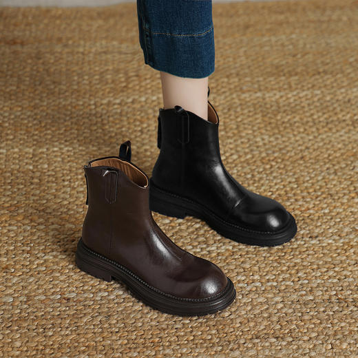 阿么手工女鞋真皮百搭时尚短靴2025新款英伦风厚底时装靴3.5CM 商品图1