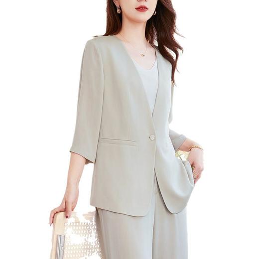 LS62599552  42599650七分袖时尚V领两件套重皱真丝小西装女2025新款气质高端长裤套装 商品图4
