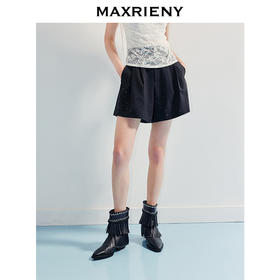 MAXRIENY精致日常感黑色a摆压褶短裤女通勤风a型裙裤高腰宽松(货号:MF86PA005)