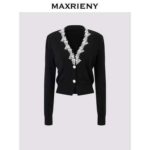 MAXRIENY法式复古v领针织外套蕾丝拼接25秋款收腰修身长袖上衣女(货号:MF86JA518) 商品图0