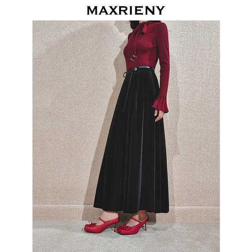 MAXRIENY浪漫复古感A字丝绒半裙24冬新款法式赫本风高腰长裙修身(货号:MS85SK509) 商品图2