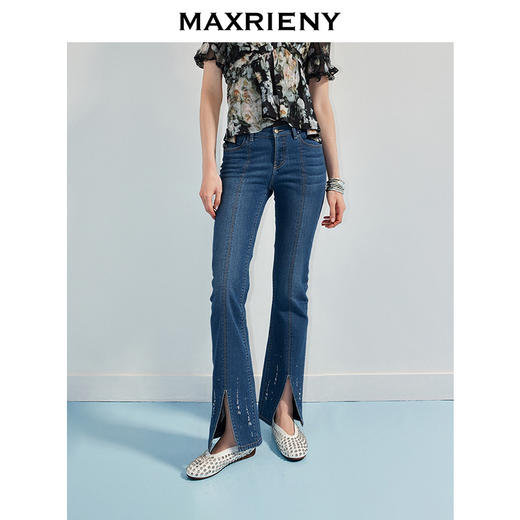 MAXRIENY精致日常风烫钻修身微喇牛仔蓝休闲长裤(货号:MF86TR254) 商品图0