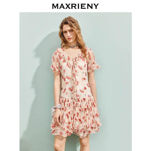 MAXRIENY【商场同款】2025秋季新品优雅度假风波浪边绑带A字雪纺裙(货号:MF86DR261) 商品图2