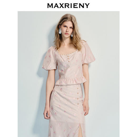MAXRIENY浪漫新中式上衣优雅短袖上衣提花泡泡袖甜美25夏季新款(货号:MF86TP017) 商品图0