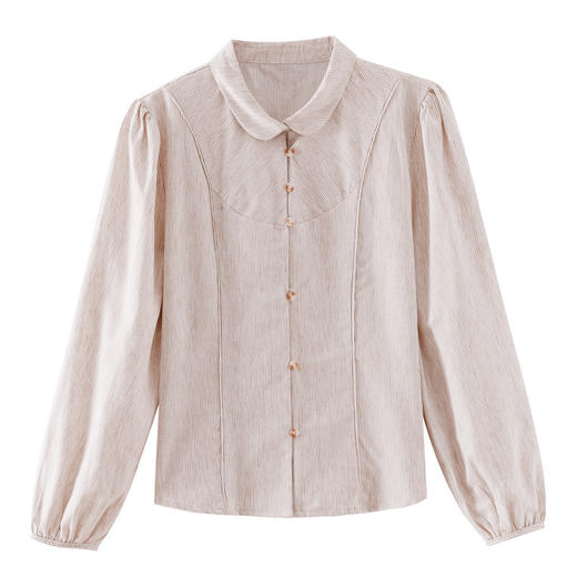 KQL 369h9985棉麻圆领长袖衬衫条纹衬衣设计感修身上衣 商品图4