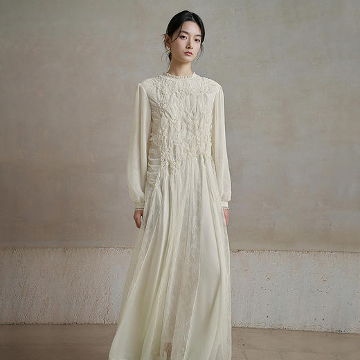 【林栖设计小店】纯白系列绵羊蕾丝连衣裙拼桑蚕丝优雅花边肌理感2025秋冬新款长裙女1954036 商品图2