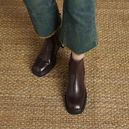 阿么手工女鞋真皮方头舒适切尔西靴2025新款短筒气质高跟单靴6CM 商品图4