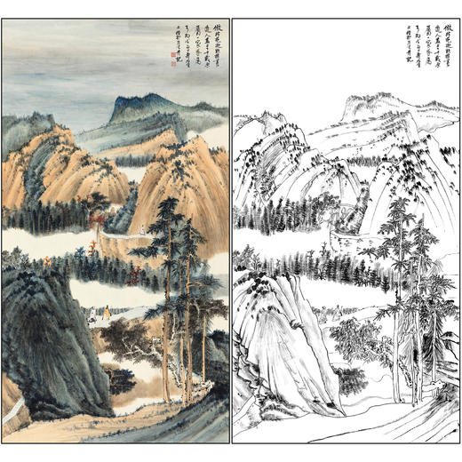 谢稚柳山水工笔画白描底稿《秋山吟侣》临摹勾线高清打印稿XZ36 商品图0