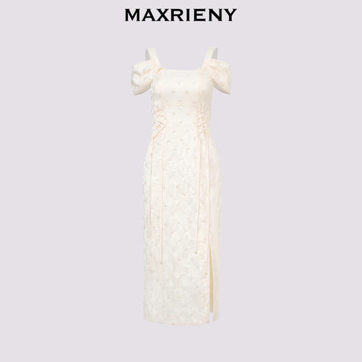 MAXRIENY复古优雅气质感收腰开叉钉珠连衣裙(货号:MS85DR073) 商品图3