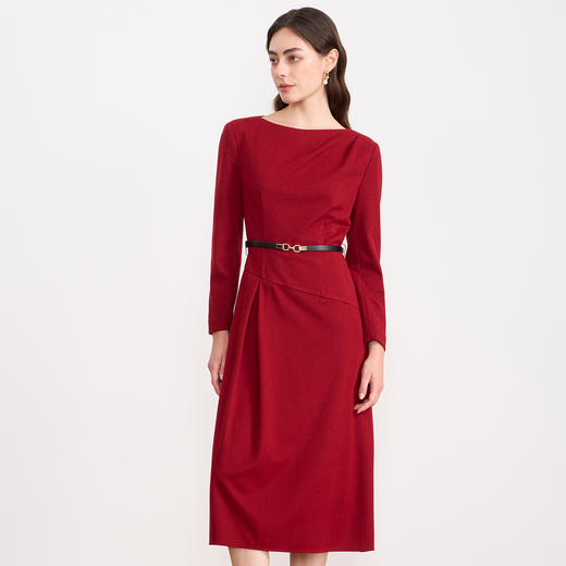 EITIE爱特爱气质圆领通勤不对称优雅红色呢子连衣裙2025秋冬新款D2507911 商品图2