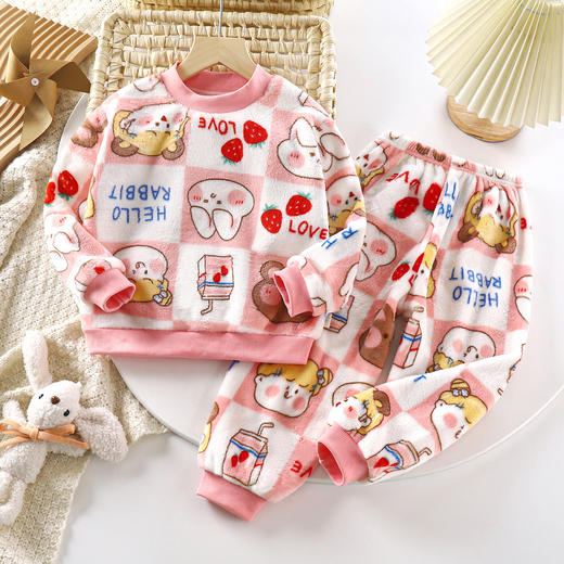 【秋冬保暖！一套搞定】卡通图案，萌趣可爱，法兰绒儿童睡衣套装韩版男女童加绒加厚家居服中大童保暖内衣套装。rb 商品图1