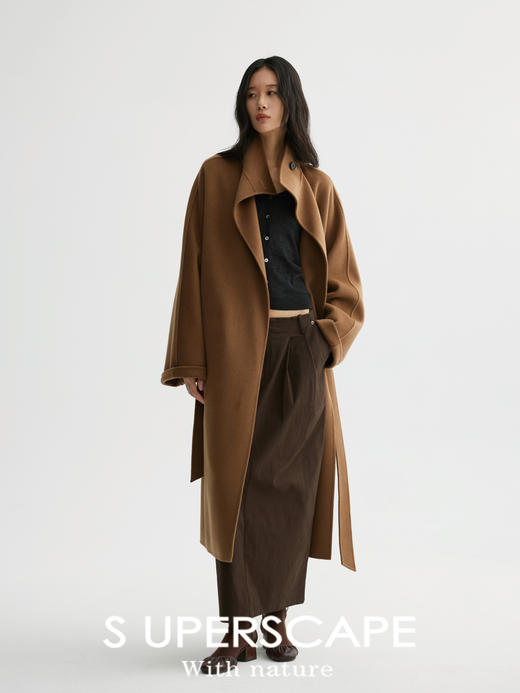 素舶 80支高密100绵羊毛立领一粒扣气质长款双面呢大衣 商品图4