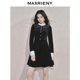 MAXRIENY法式复古感收腰丝绒连衣裙24冬赫本风小黑裙约会宴会礼裙(货号:MS85DR769)