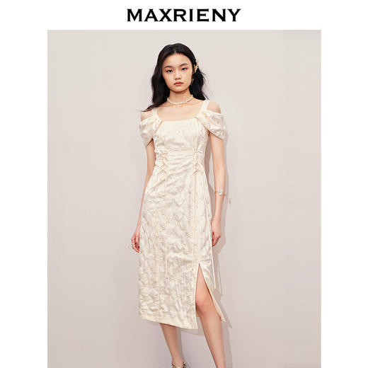 MAXRIENY复古优雅气质感收腰开叉钉珠连衣裙(货号:MS85DR073) 商品图0
